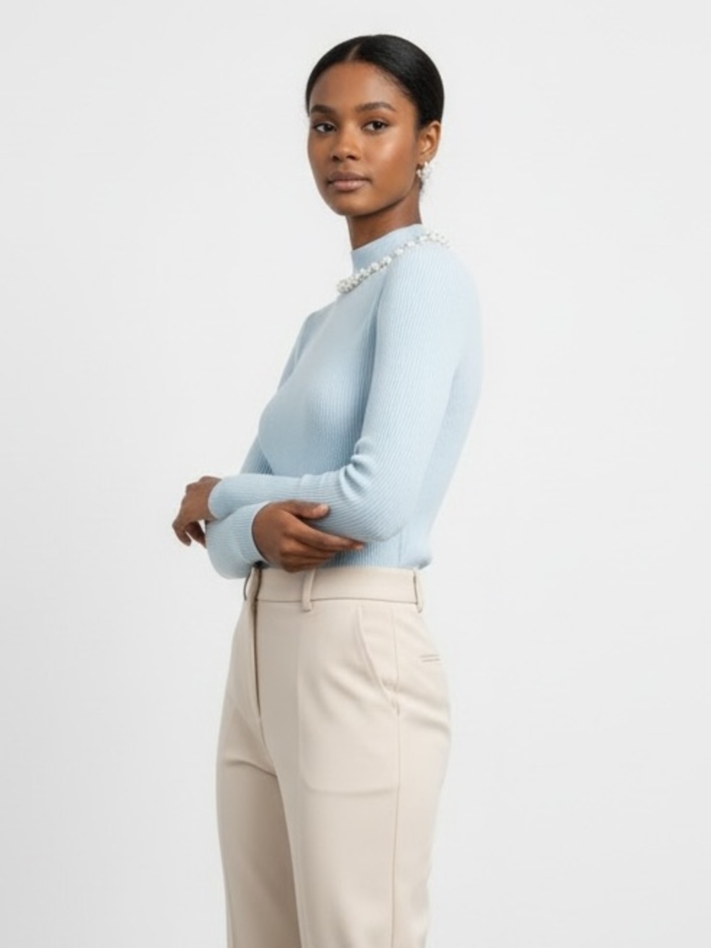 1654 • Blue Viscose Blend Ribbed Long Sleeve Mock Neck w/Pearl Strand Detail - Picture 10 of 10